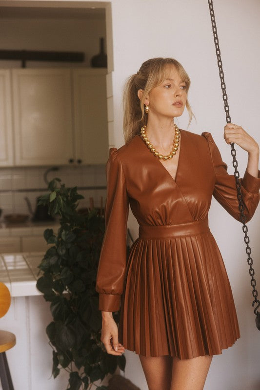 Caramel Caf Faux Leather Pleated Mini Dress Aquarius Brand Caramel Caf Faux Leather Pleated Mini Dress Aquarius Brand