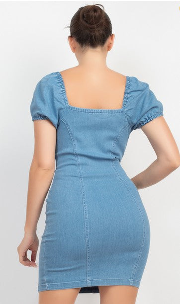 Elasticized Puff Sleeve Denim Dress Aquarius Brand Elasticized Puff Sleeve Denim Dress Aquarius Brand