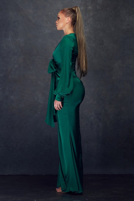 emerald green long sleeve satin dress Sequined Leopard Print Column Maxi Evening Gown by Nadia’s