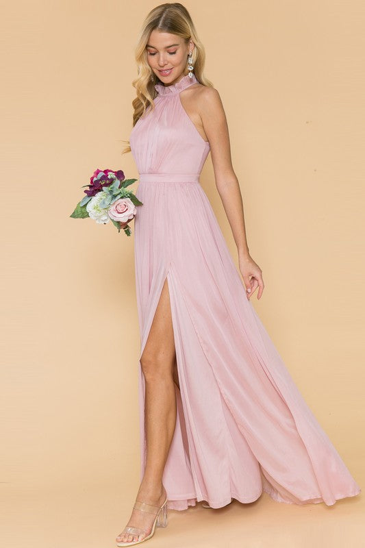 Light Pink Ruffle Neck Line Slit Maxi Dress – Aquarius Brand