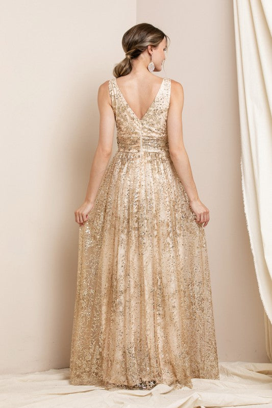 Light Gold Deep V Neck Sequin Maxi Evening Dress  Aquarius Brand