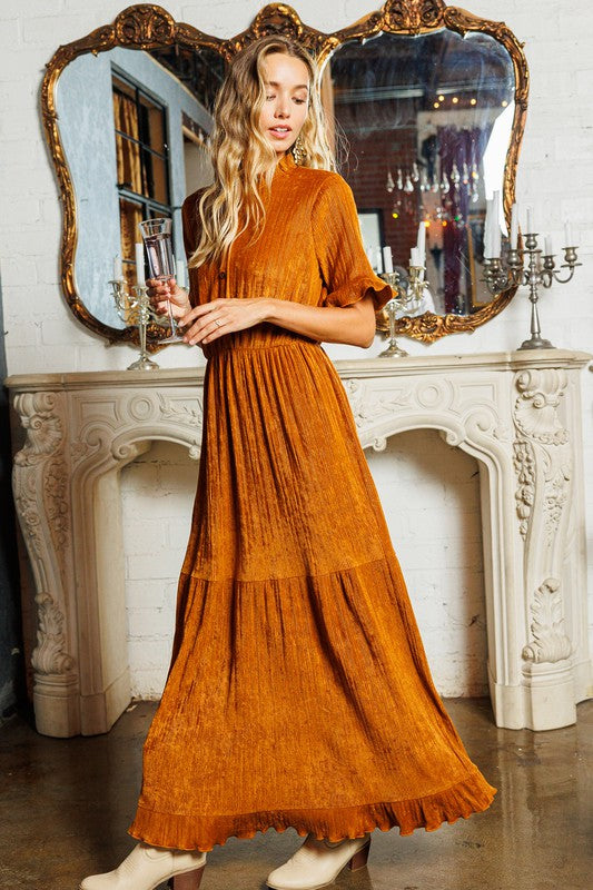 Camel Ruffle Detailed Tiered Velvet Maxi Dress – Aquarius Brand
