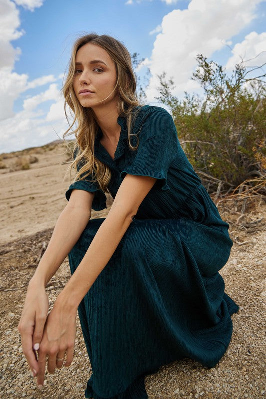 Hunter Green Ruffle Detailed Tiered Velvet Maxi Dress – Aquarius Brand