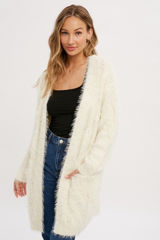 White Fuzzy Cable Cardigan Aquarius Brand