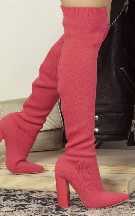 Pink Womens Over The Knee High Sock Chunky Heel Boots