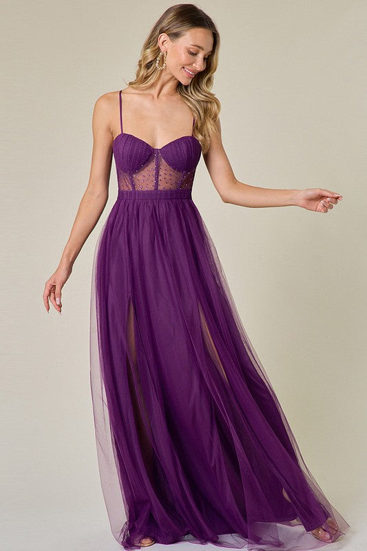Dark Purple Embellished Tulle Two Slits Maxi Dress – Aquarius Brand