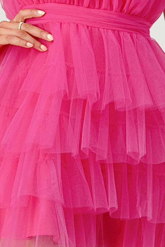 Hot Pink Tulle Ruffled Mini Dress – Aquarius Brand