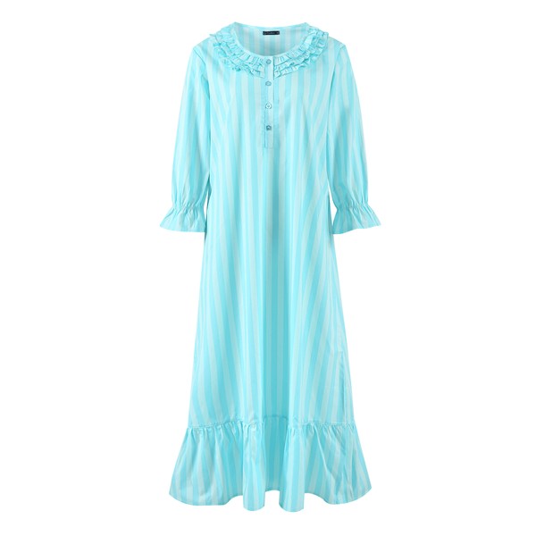 （Stripes Aqua）Women's Cotton Poplin Mid-Calf Gown