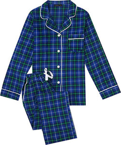 （Blue-Green Scotch Plaid）2Pc Lightweight Flannel Womens Pajama Sets
