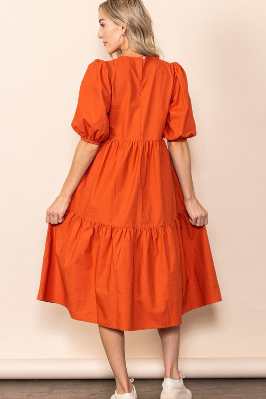 knee length dresses for ladies Orange Poplin Tiered Midi Dress – Aquarius Brand