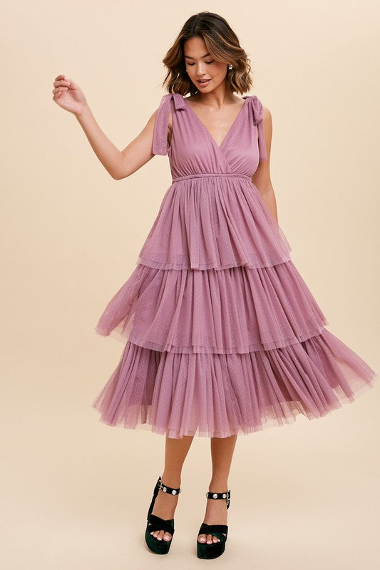 Sugar Plum Tiered Tie Strap Tulle Midi Dress Aquarius Brand Sugar Plum Tiered Tie Strap Tulle Midi Dress Aquarius Brand