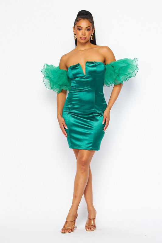 Emerald Green Wire Organza Ruffle Mini Dress – Aquarius Brand