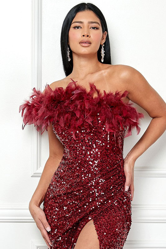 Burgundy One Shoulder Faux Feather Sequin Slit Maxi Dress – Aquarius Brand