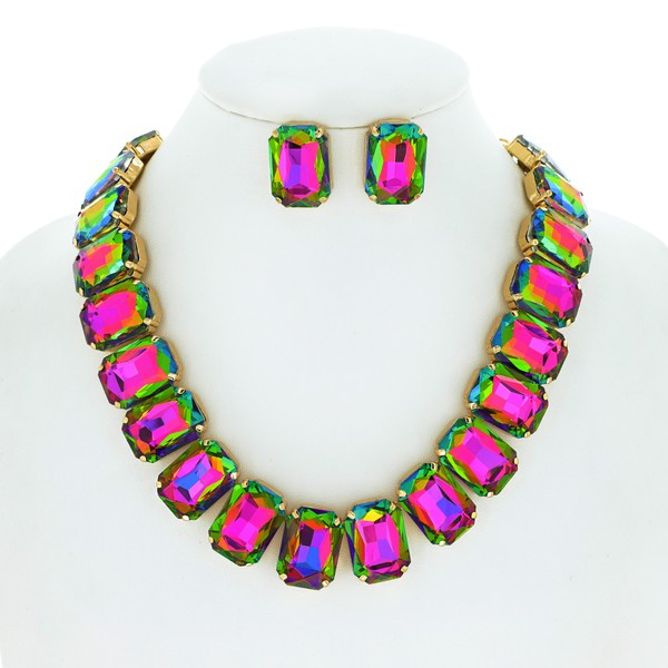 Grb Crystal Octagon Cut Collar Necklace Set