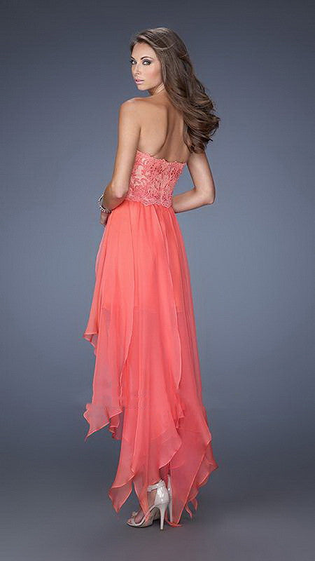 coral pink high low dress Goddiva Scalloped Neck Embroidered Lace High Low Midi Dress
