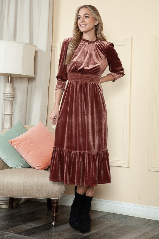 rust velvet dress Rust Velvet Three Quarter Sleeve Midi Dress – Aquarius Brand