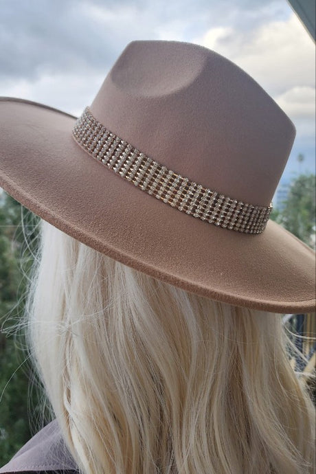 Beige Wide Brim Rhinestone Detail Fedora Panama Hat