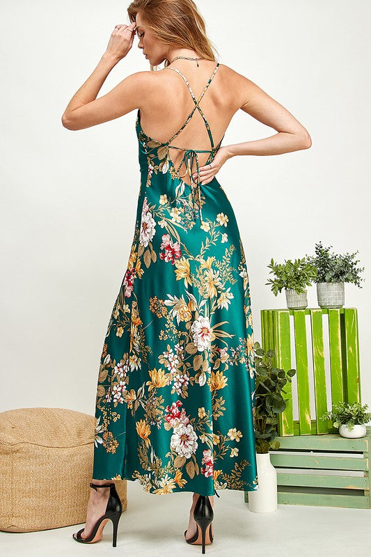 Emerald Green Floral Print Satin Slit Open Back Dress Aquarius Brand Emerald Green Floral Print Satin Slit Open Back Dress Aquarius Brand