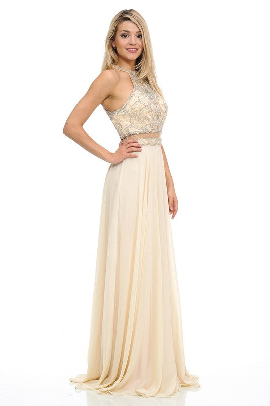 Champagne Gold Sheer Illusion Halter Razor Embellish Prom Dress  Aquarius  Brand