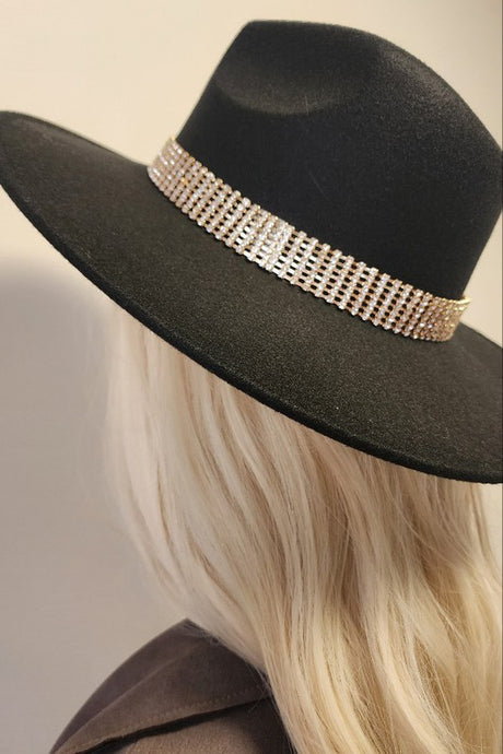 Black Wide Brim Rhinestone Detail Fedora Panama Hat