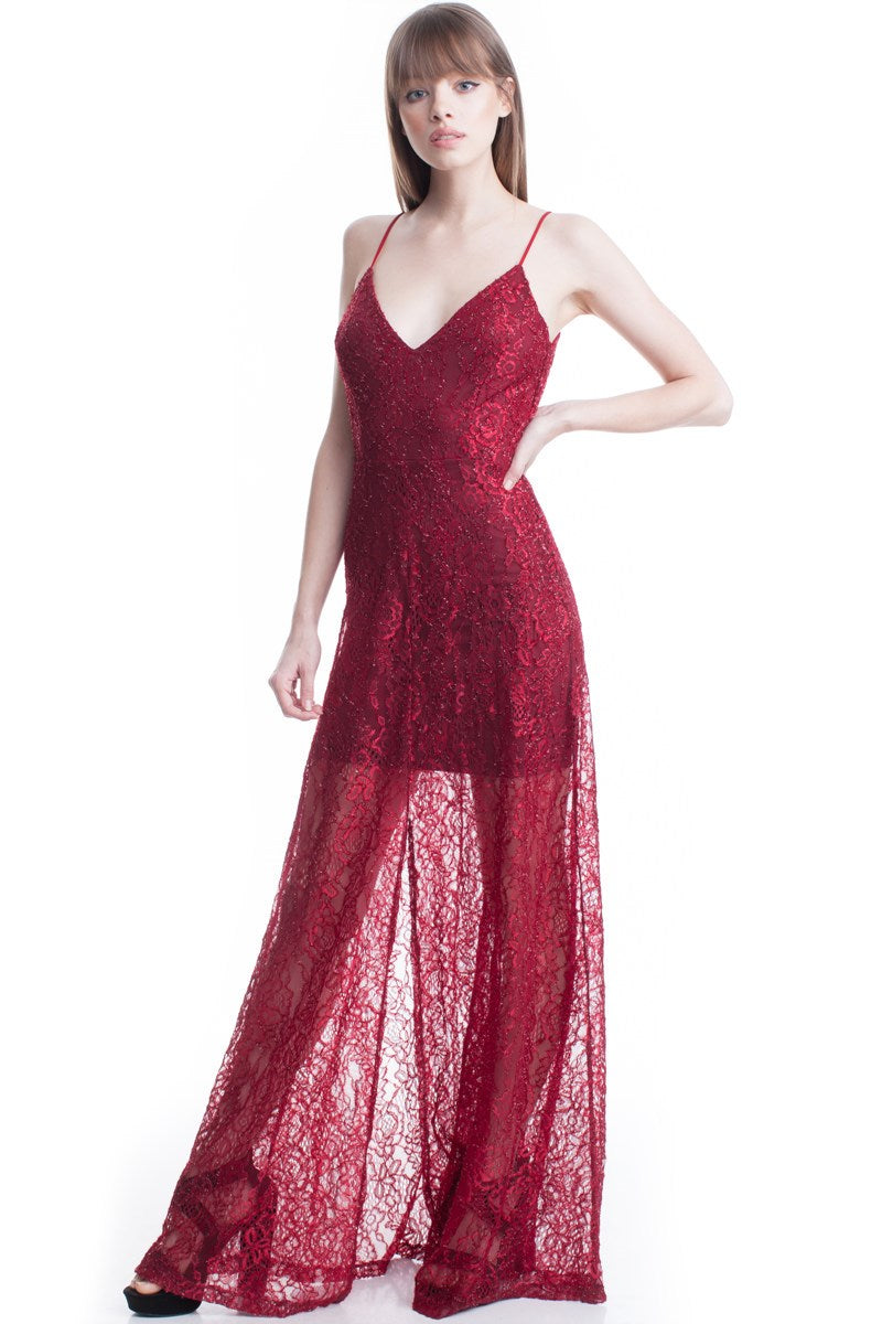 Burgundy See-Thru Legs Lace Maxi Dress – Aquarius Brand