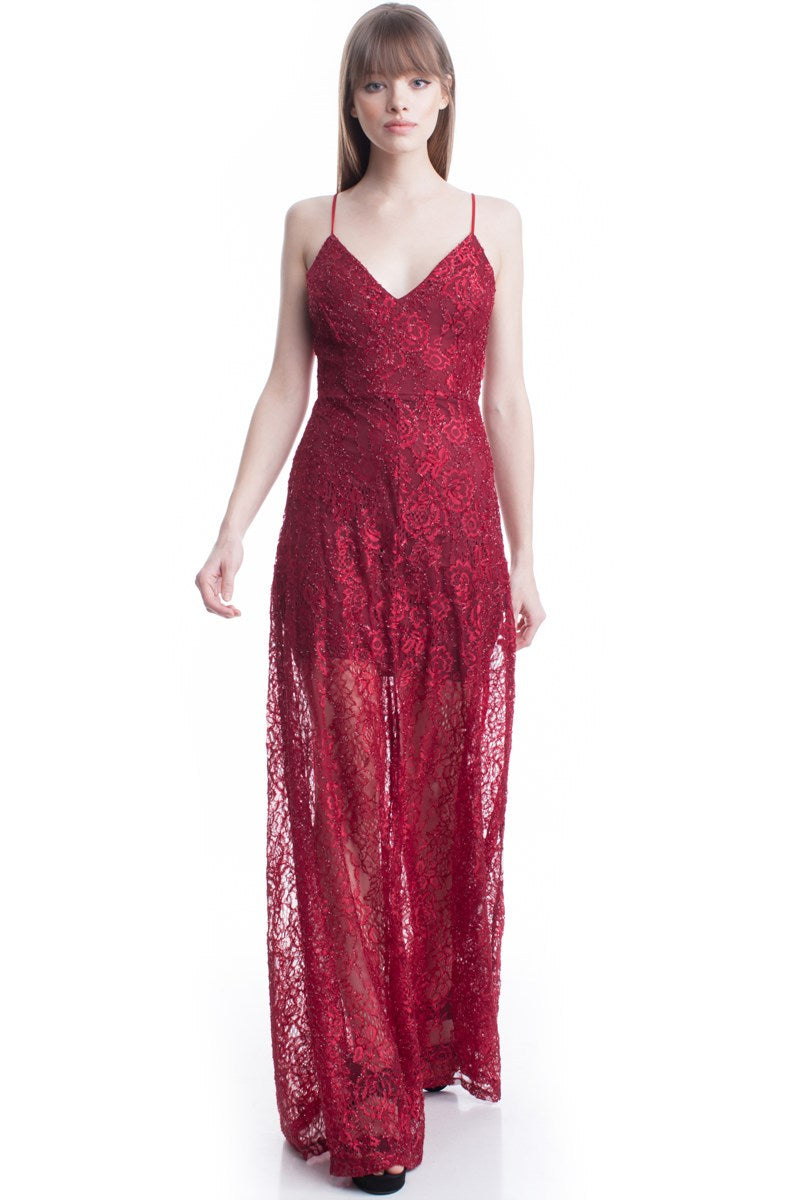 strapless open back dress Burgundy See-Thru Legs Lace Maxi Dress – Aquarius Brand