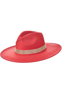 Red Wide Brim Rhinestone Detail Fedora Panama Hat