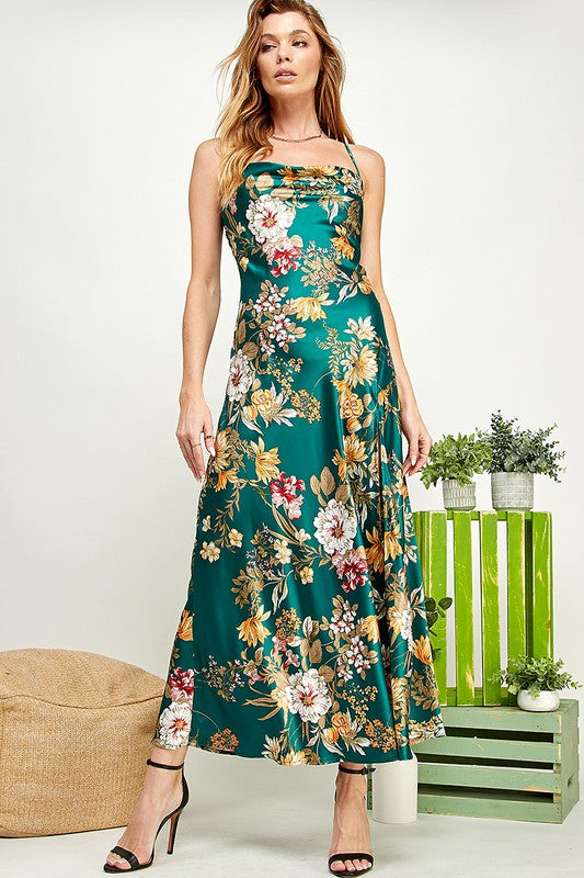 Emerald Green Floral Print Satin Slit Open Back Dress – Aquarius Brand