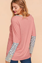 Mauve/Grey/Ivory Rib Leopard Print Stripe Color Block Knit Top