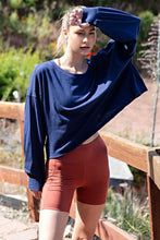 Navy Cotton Slub Open Back Long Sleeve Top