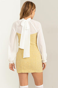 Yellow Sheer Elegance Tie-Back Mixed Media Dress