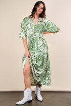 Green Printed V-neck Boho Midi Dress