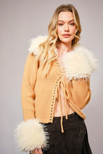 Camel Faux Fur Trim Lace Up Cardigan