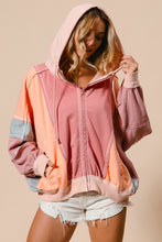 Marsala/Peach Raw Edge Color Block Washed Terry Zip Up Hoodie