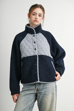 Navy Multi Quilted Plaid Sherpa Fleece Snap Jacket