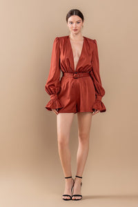 Brick Ruffle Hem V Neck Self Tie At Waist Romper