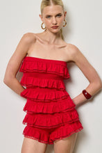 Red Strapless Ruffle Lace Trim Romper