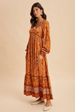 Pumpkin Spice Floral Contrast Piped Border Print Maxi Dress