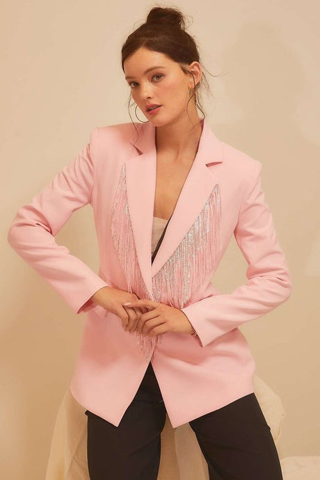 Sugar Pink Sequin Fringe Trim Solid Blazer Jacket