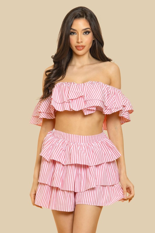 Pink Off-Shouldeer Ruffled Top With Matching Ruffle Bot