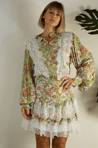 Orange Multi Lace Patch Shirts And Skirt Set