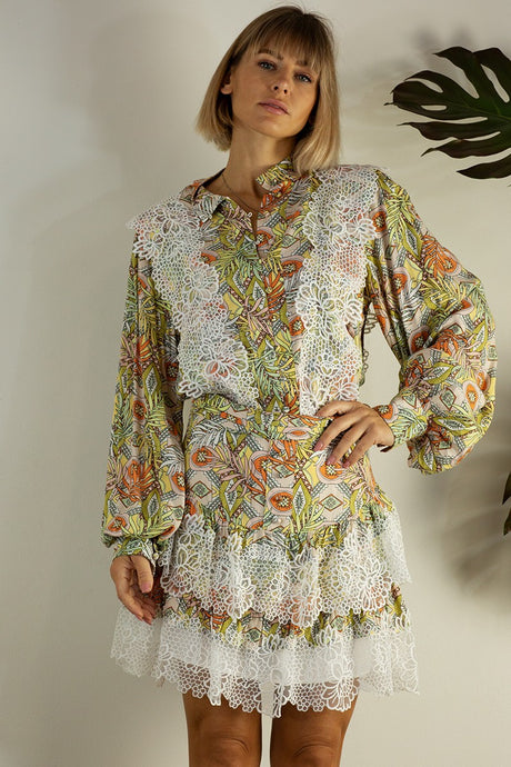 Orange Multi Lace Patch Shirts And Skirt Set