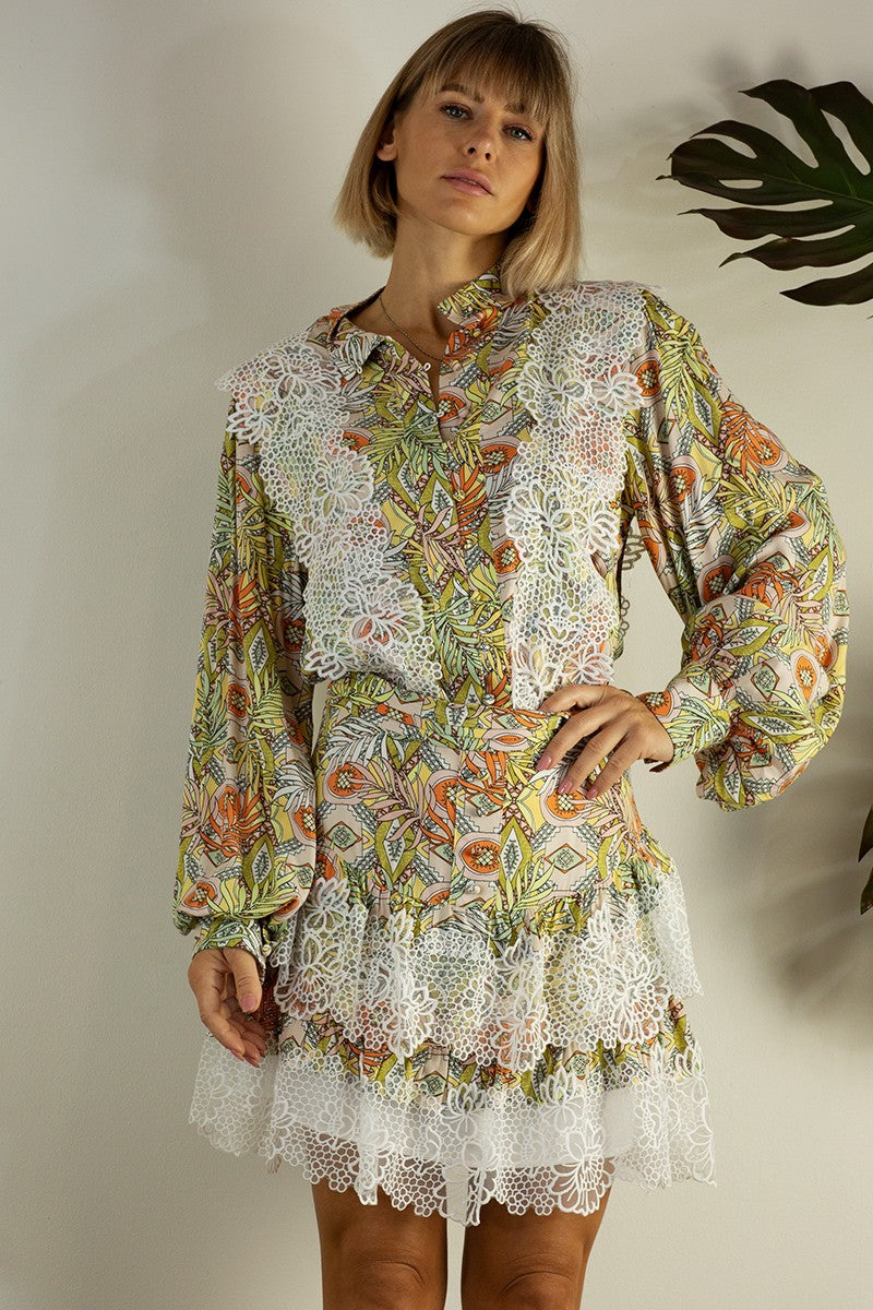 Orange Multi Lace Patch Shirts And Skirt Set