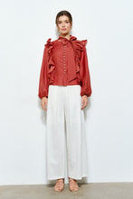 Spice Soft Wool Blouse With Bow Tie & Pearl Buttons