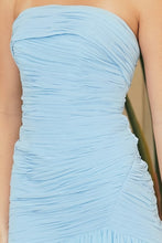 Light Blue Strapless Gathered Chiffon Sheath Gown
