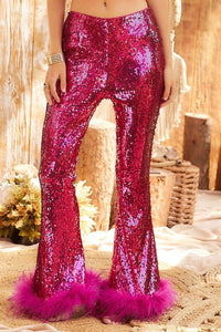 Fuchsia Side Zipper Hem Feather Trim Sequin Wide Leg Pants