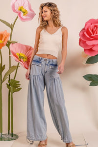Lt Denim Washed Denim Wide Leg Pants With Tie Hem Detail