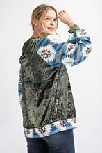 Olive/Teal Plus Size Velvet Tribal Contrast Hoodie