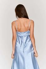 Sky Blue Satin Tie Bust Spaghetti Strap Midi Dress