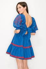 Blue/Wine Square Neck Smocked Embroidered Puff Sleeve Mini Dress
